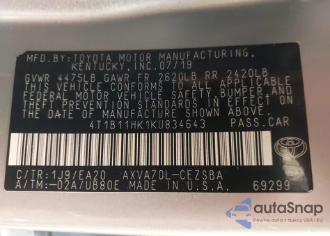 2019 Toyota Camry Se from USA, damaged, VIN 4T1B11HK1KU834643